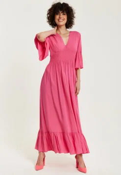 Women's Maxi Dress in Chic Pink with Frill Short Sleeves for Comfort and Style - Liquorish