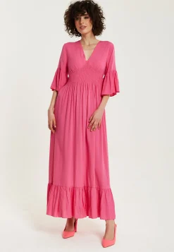 Women's Maxi Dress in Chic Pink with Frill Short Sleeves for Comfort and Style - Liquorish