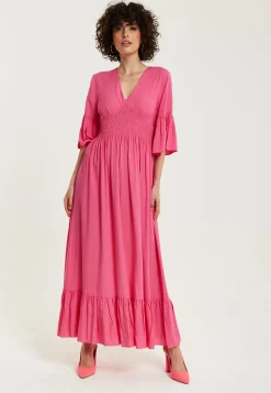Women's Maxi Dress in Chic Pink with Frill Short Sleeves for Comfort and Style - Liquorish