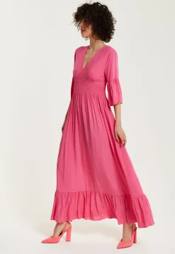 Women's Maxi Dress in Chic Pink with Frill Short Sleeves for Comfort and Style - Liquorish