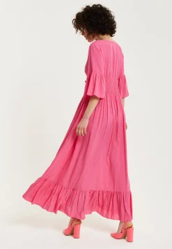 Women's Maxi Dress in Chic Pink with Frill Short Sleeves for Comfort and Style - Liquorish