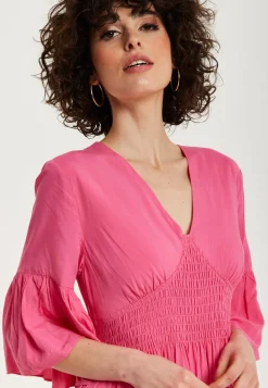 Women's Maxi Dress in Chic Pink with Frill Short Sleeves for Comfort and Style - Liquorish