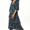 Women's Maxi Dress in Dark Green with Kimono Sleeves and Scribble Print Wrap Design by Liquorish