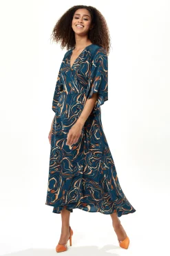 Women's Maxi Dress in Dark Green with Kimono Sleeves and Scribble Print Wrap Design by Liquorish