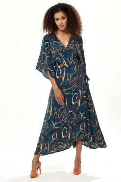 Women's Maxi Dress in Dark Green with Kimono Sleeves and Scribble Print Wrap Design by Liquorish