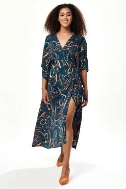 Women's Maxi Dress in Dark Green with Kimono Sleeves and Scribble Print Wrap Design by Liquorish