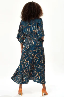 Women's Maxi Dress in Dark Green with Kimono Sleeves and Scribble Print Wrap Design by Liquorish