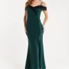 Women's Maxi Dress in Emerald Green with Off-Shoulder Design, Thigh-High Slit & Black Sequin Detail by Liquorish