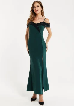 Women's Maxi Dress in Emerald Green with Off-Shoulder Design, Thigh-High Slit & Black Sequin Detail by Liquorish