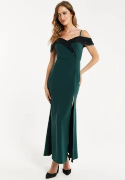 Women's Maxi Dress in Emerald Green with Off-Shoulder Design, Thigh-High Slit & Black Sequin Detail by Liquorish