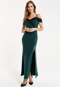 Women's Maxi Dress in Emerald Green with Off-Shoulder Design, Thigh-High Slit & Black Sequin Detail by Liquorish