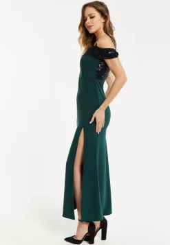 Women's Maxi Dress in Emerald Green with Off-Shoulder Design, Thigh-High Slit & Black Sequin Detail by Liquorish