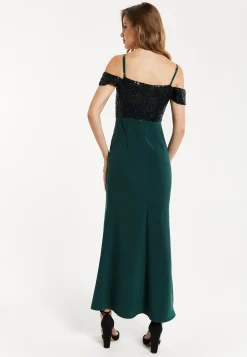 Women's Maxi Dress in Emerald Green with Off-Shoulder Design, Thigh-High Slit & Black Sequin Detail by Liquorish