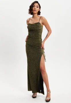 Women's Maxi Dress in Gold with Sleeveless Design and Thigh-High Split - Liquorish