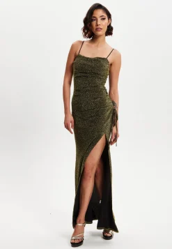 Women's Maxi Dress in Gold with Sleeveless Design and Thigh-High Split - Liquorish