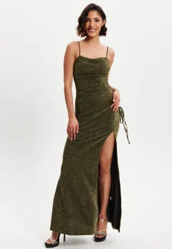 Women's Maxi Dress in Gold with Sleeveless Design and Thigh-High Split - Liquorish
