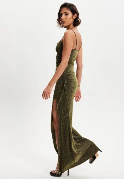 Women's Maxi Dress in Gold with Sleeveless Design and Thigh-High Split - Liquorish