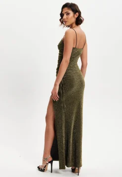 Women's Maxi Dress in Gold with Sleeveless Design and Thigh-High Split - Liquorish