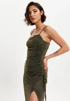 Women's Maxi Dress in Gold with Sleeveless Design and Thigh-High Split - Liquorish