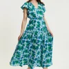Women's Maxi Dress in Green and Blue with Flouncy Sleeves and Side Tie-Up - Liquorish