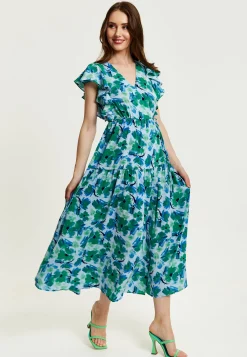Women's Maxi Dress in Green and Blue with Flouncy Sleeves and Side Tie-Up - Liquorish