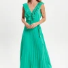 Women's Maxi Dress in Green with Frilled V Neck, Sleeveless Design, Pleated Skirt and Tie Waist - Liquorish