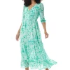 Women's Maxi Dress in Green and White with 3/4 Sleeves and Luxurious Chiffon Fabric - Liquorish