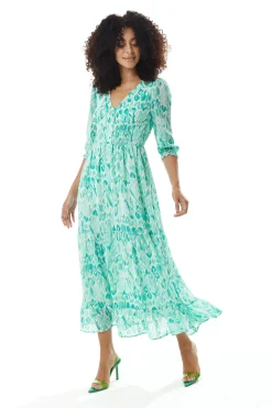 Women's Maxi Dress in Green and White with 3/4 Sleeves and Luxurious Chiffon Fabric - Liquorish