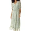 Women's Maxi Dress in Green and White with 3/4 Sleeves and Button Details - Liquorish