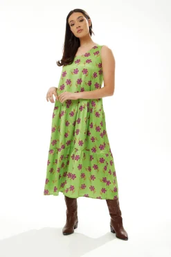 Women's Maxi Dress in Green Floral Print with Scoop Neck and Dropped Waist - Liquorish