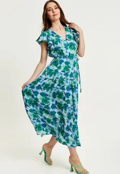Women's Maxi Dress in Green and Blue with Flouncy Sleeves and Side Tie-Up - Liquorish
