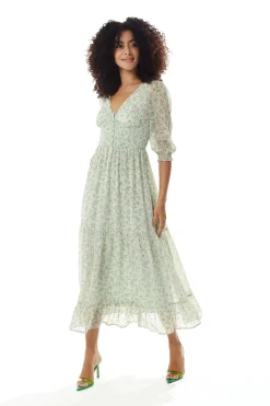 Women's Maxi Dress in Green and White with 3/4 Sleeves and Button Details - Liquorish