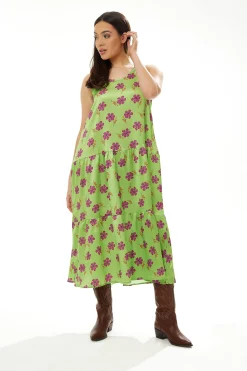 Women's Maxi Dress in Green Floral Print with Scoop Neck and Dropped Waist - Liquorish