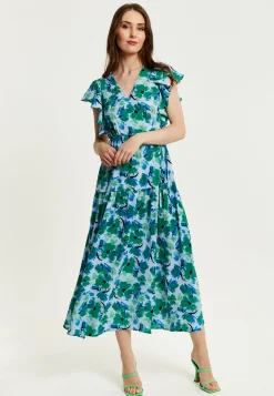 Women's Maxi Dress in Green and Blue with Flouncy Sleeves and Side Tie-Up - Liquorish