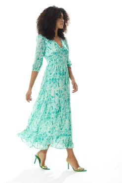 Women's Maxi Dress in Green and White with 3/4 Sleeves and Luxurious Chiffon Fabric - Liquorish