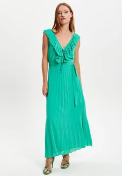 Women's Maxi Dress in Green with Frilled V Neck, Sleeveless Design, Pleated Skirt and Tie Waist - Liquorish
