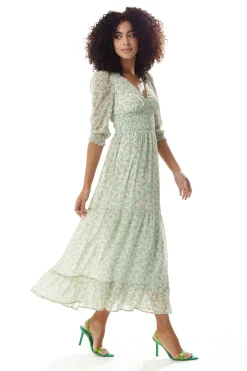 Women's Maxi Dress in Green and White with 3/4 Sleeves and Button Details - Liquorish