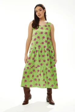 Women's Maxi Dress in Green Floral Print with Scoop Neck and Dropped Waist - Liquorish