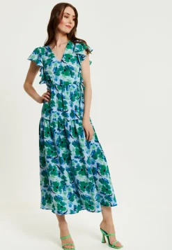 Women's Maxi Dress in Green and Blue with Flouncy Sleeves and Side Tie-Up - Liquorish