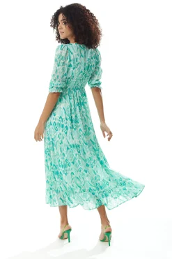 Women's Maxi Dress in Green and White with 3/4 Sleeves and Luxurious Chiffon Fabric - Liquorish