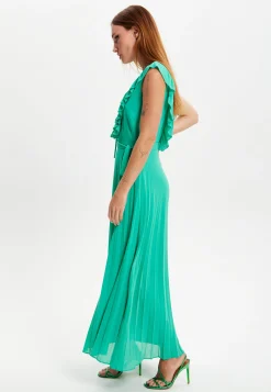 Women's Maxi Dress in Green with Frilled V Neck, Sleeveless Design, Pleated Skirt and Tie Waist - Liquorish