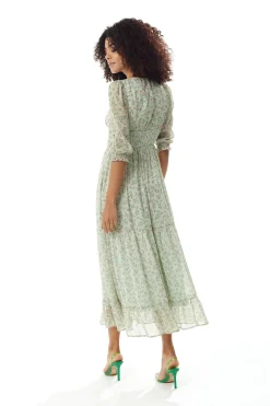 Women's Maxi Dress in Green and White with 3/4 Sleeves and Button Details - Liquorish