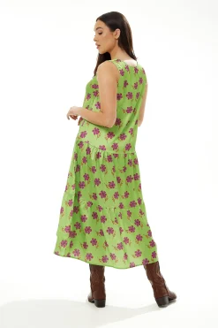 Women's Maxi Dress in Green Floral Print with Scoop Neck and Dropped Waist - Liquorish