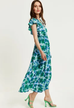 Women's Maxi Dress in Green and Blue with Flouncy Sleeves and Side Tie-Up - Liquorish