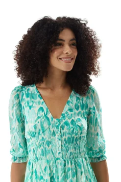 Women's Maxi Dress in Green and White with 3/4 Sleeves and Luxurious Chiffon Fabric - Liquorish