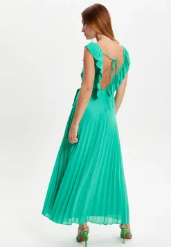 Women's Maxi Dress in Green with Frilled V Neck, Sleeveless Design, Pleated Skirt and Tie Waist - Liquorish