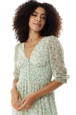 Women's Maxi Dress in Green and White with 3/4 Sleeves and Button Details - Liquorish