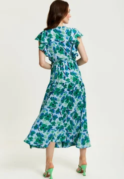 Women's Maxi Dress in Green and Blue with Flouncy Sleeves and Side Tie-Up - Liquorish
