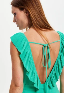 Women's Maxi Dress in Green with Frilled V Neck, Sleeveless Design, Pleated Skirt and Tie Waist - Liquorish