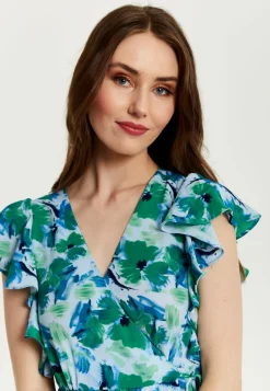 Women's Maxi Dress in Green and Blue with Flouncy Sleeves and Side Tie-Up - Liquorish